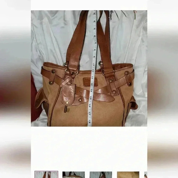 FOSSIL Tan Canvas Leather Tote Bag Purse Long Live Vintage 1954 Shoulder